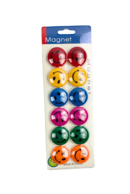 Набір магнітів: 12 штук, діаметр - 3 см, кольорові, на планшеті, "Смайли"