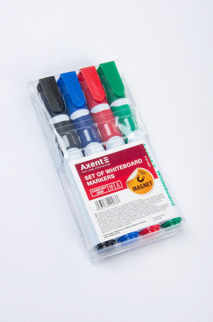 Набір маркерів для дошок, 2 мм, круглий, 4 штуки, Whiteboard Comfort Grip, AXENT